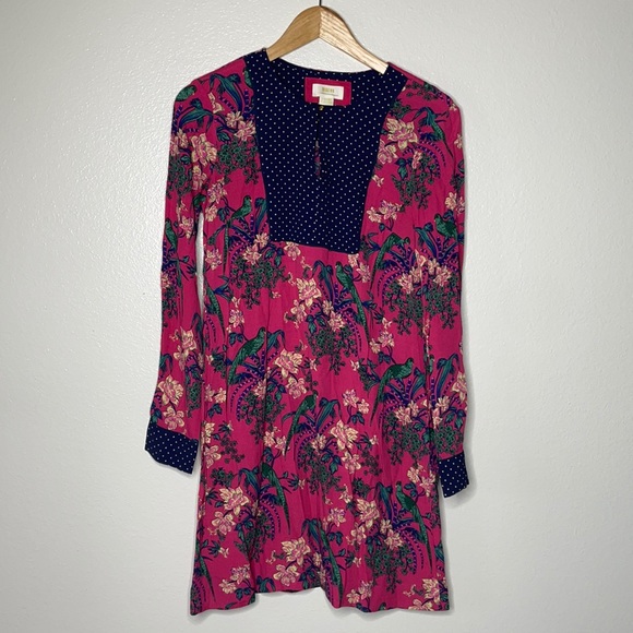 Anthropologie Maeve Parrot/Floral Print Long Sleeve Dress sz 4‎ Pink/Blue - Picture 1 of 6